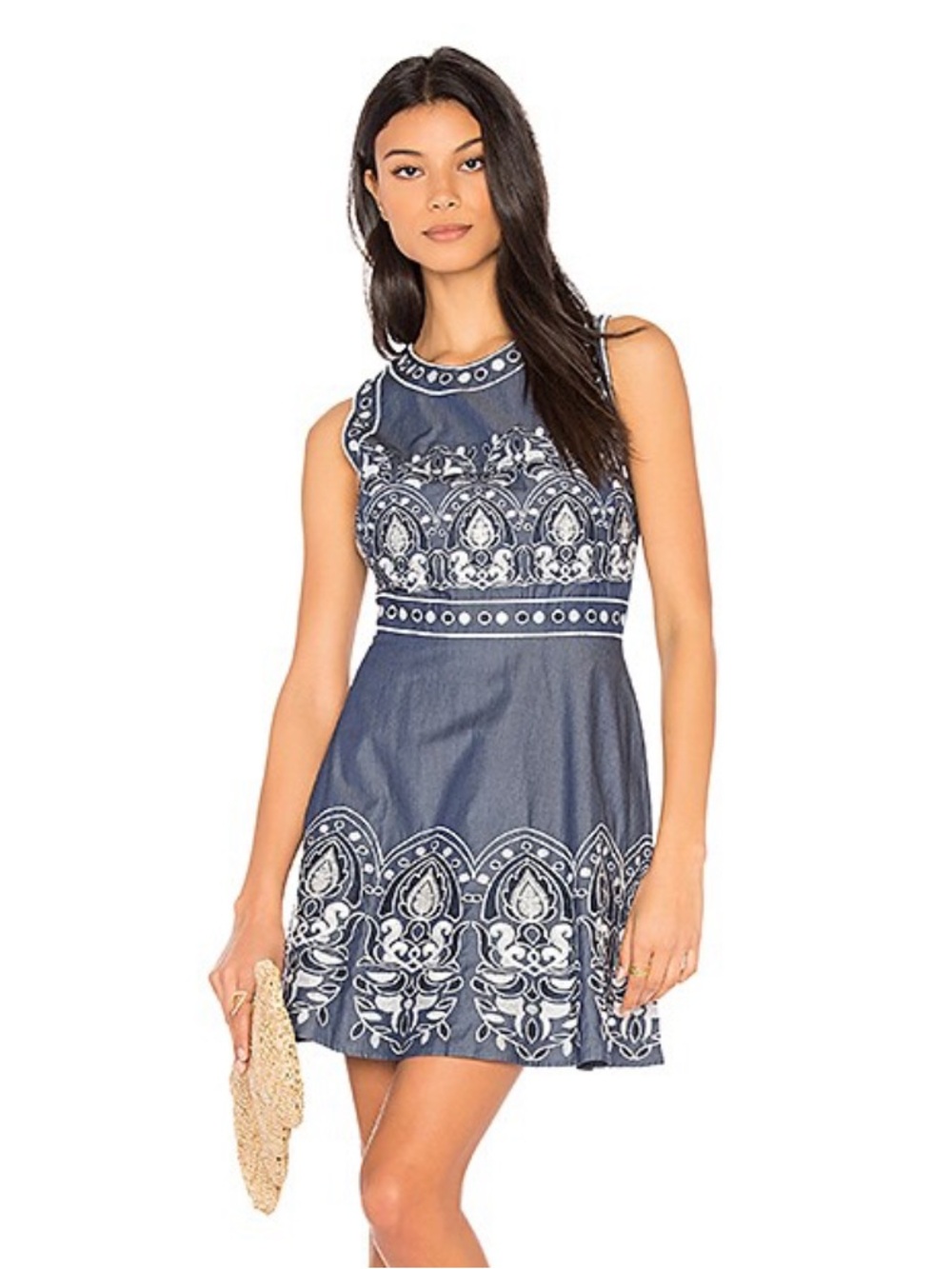 J.O.A. Navy Blue and White Embroidered Fit-and-Flare Dress